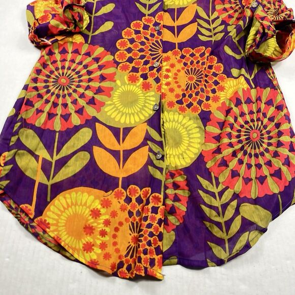Bam Bam Boho Button Shirt Retro Floral Mod Print 3/4 Sleeve Festival Blouse L - Picture 2 of 11